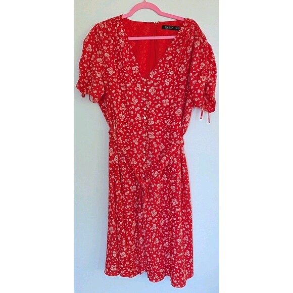 Lauren Ralph Lauren Red Floral Midi Dress Button Front Size 16W - Picture 1 of 11